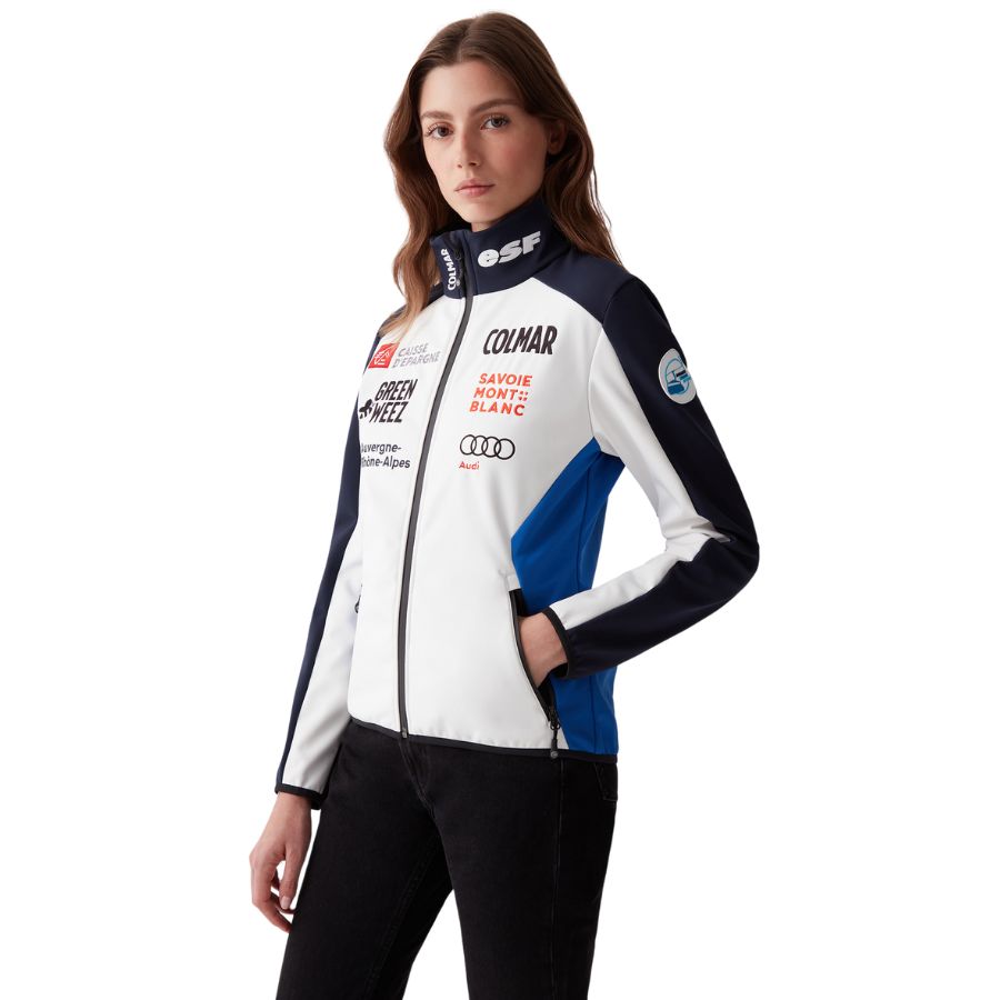 Colmar Women French Ski Team Soft Shell Jacket - White Blue Abyss